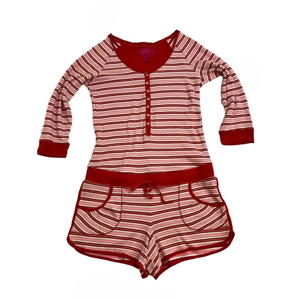 Victoria’s Secret Women’s Thermal Striped Romper Pajamas Red Pink Size Medium